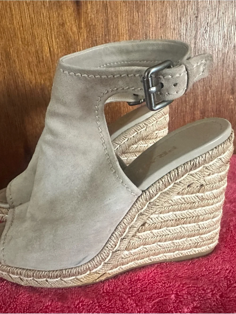Prada Taupe Suede Open-Toe Espadrille Wedge Sandals